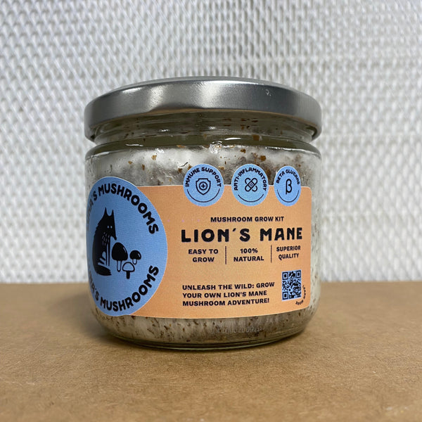 Jar of lion's mane mushroom powder with Luna's Mushrooms label on a textured surface